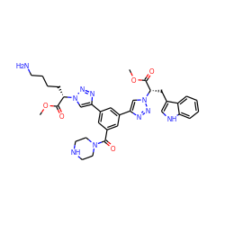 COC(=O)[C@H](CCCCN)n1cc(-c2cc(C(=O)N3CCNCC3)cc(-c3cn([C@@H](Cc4c[nH]c5ccccc45)C(=O)OC)nn3)c2)nn1 ZINC000072115326