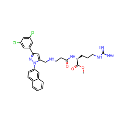 COC(=O)[C@H](CCCNC(=N)N)NC(=O)CCNCc1cc(-c2cc(Cl)cc(Cl)c2)nn1-c1ccc2ccccc2c1 ZINC000058583271