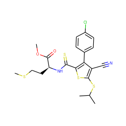 COC(=O)[C@H](CCSC)NC(=S)c1sc(SC(C)C)c(C#N)c1-c1ccc(Cl)cc1 ZINC000103301038