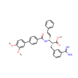 COC(=O)[C@H](Cc1cccc(C(=N)N)c1)[C@@H](/C=C/c1ccccc1)NC(=O)c1ccc(-c2ccc(OC)c(OC)c2)cc1 ZINC000027077798