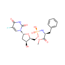 COC(=O)[C@H](Cc1ccccc1)N[P@](=O)(O)OC[C@@H]1O[C@@H](n2cc(F)c(=O)[nH]c2=O)C[C@@H]1O ZINC000017257774