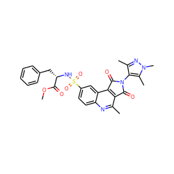 COC(=O)[C@H](Cc1ccccc1)NS(=O)(=O)c1ccc2nc(C)c3c(c2c1)C(=O)N(c1c(C)nn(C)c1C)C3=O ZINC000014947215