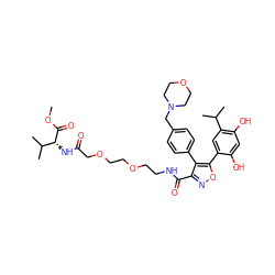 COC(=O)[C@H](NC(=O)COCCOCCNC(=O)c1noc(-c2cc(C(C)C)c(O)cc2O)c1-c1ccc(CN2CCOCC2)cc1)C(C)C ZINC001772594370