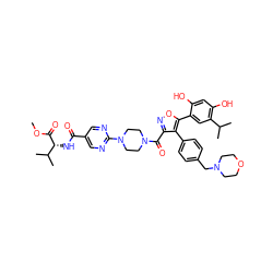 COC(=O)[C@H](NC(=O)c1cnc(N2CCN(C(=O)c3noc(-c4cc(C(C)C)c(O)cc4O)c3-c3ccc(CN4CCOCC4)cc3)CC2)nc1)C(C)C ZINC001772647587