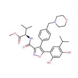 COC(=O)[C@H](NC(=O)c1noc(-c2cc(C(C)C)c(O)cc2O)c1-c1ccc(CN2CCOCC2)cc1)C(C)C ZINC001772622535