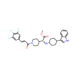 COC(=O)[C@H](NC1CCC(c2c[nH]c3ccccc23)CC1)C1CCN(C(=O)/C=C/c2cc(F)c(F)c(F)c2)CC1 ZINC000073196027