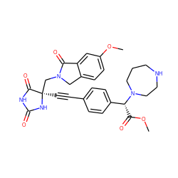 COC(=O)[C@H](c1ccc(C#C[C@]2(CN3Cc4ccc(OC)cc4C3=O)NC(=O)NC2=O)cc1)N1CCCNCC1 ZINC000149820347