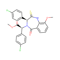 COC(=O)[C@H](c1ccc(Cl)cc1)N1C(=O)c2cccc(OC)c2NC(=S)[C@@H]1c1ccc(Cl)cc1 ZINC000084690311