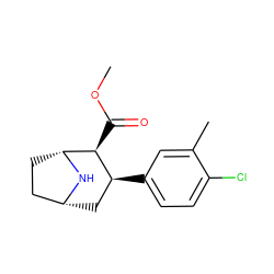 COC(=O)[C@H]1[C@@H](c2ccc(Cl)c(C)c2)C[C@@H]2CC[C@H]1N2 ZINC000072139636