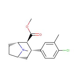 COC(=O)[C@H]1[C@H](c2ccc(Cl)c(C)c2)C[C@@H]2CC[C@H]1N2C ZINC000072105468