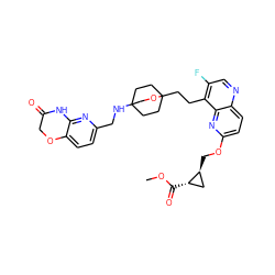 COC(=O)[C@H]1C[C@@H]1COc1ccc2ncc(F)c(CCC34CCC(NCc5ccc6c(n5)NC(=O)CO6)(CC3)CO4)c2n1 ZINC000222939980