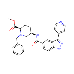 COC(=O)[C@H]1CC[C@@H](NC(=O)c2ccc3[nH]nc(-c4ccncc4)c3c2)CN1Cc1ccccc1 ZINC000205038260