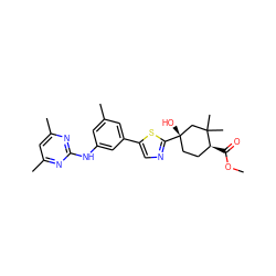 COC(=O)[C@H]1CC[C@](O)(c2ncc(-c3cc(C)cc(Nc4nc(C)cc(C)n4)c3)s2)CC1(C)C ZINC000169703162