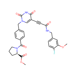 COC(=O)[C@H]1CCCN1C(=O)c1ccc(Cn2cc(C#CC(=O)NCc3ccc(F)c(OC)c3)c(=O)[nH]c2=O)cc1 ZINC001772656113