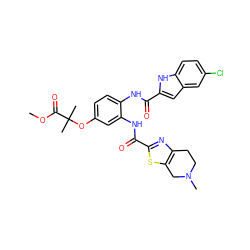 COC(=O)C(C)(C)Oc1ccc(NC(=O)c2cc3cc(Cl)ccc3[nH]2)c(NC(=O)c2nc3c(s2)CN(C)CC3)c1 ZINC000071316056