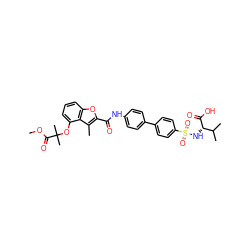 COC(=O)C(C)(C)Oc1cccc2oc(C(=O)Nc3ccc(-c4ccc(S(=O)(=O)N[C@H](C(=O)O)C(C)C)cc4)cc3)c(C)c12 ZINC000042967243