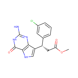 COC(=O)C[C@@H](c1cccc(Cl)c1)c1c[nH]c2c(=O)[nH]c(N)nc12 ZINC000027207870