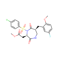 COC(=O)C[C@@H]1C(=O)NC[C@H](Cc2cc(F)ccc2OC)C(=O)N1S(=O)(=O)c1ccc(Cl)cc1 ZINC000150041540