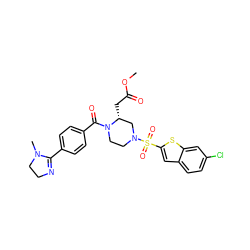 COC(=O)C[C@@H]1CN(S(=O)(=O)c2cc3ccc(Cl)cc3s2)CCN1C(=O)c1ccc(C2=NCCN2C)cc1 ZINC000026185853