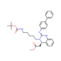 COC(=O)C[C@@H]1c2ccccc2N/C(=N\c2ccc(-c3ccccc3)cc2)N1CCCCCNC(=O)OC(C)(C)C ZINC000049933043