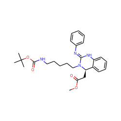 COC(=O)C[C@@H]1c2ccccc2N/C(=N\c2ccccc2)N1CCCCCNC(=O)OC(C)(C)C ZINC000049745845