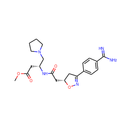 COC(=O)C[C@H](CN1CCCC1)NC(=O)C[C@@H]1CC(c2ccc(C(=N)N)cc2)=NO1 ZINC000026176209