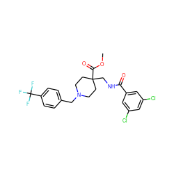 COC(=O)C1(CNC(=O)c2cc(Cl)cc(Cl)c2)CCN(Cc2ccc(C(F)(F)F)cc2)CC1 ZINC000072123003