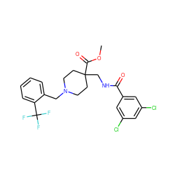 COC(=O)C1(CNC(=O)c2cc(Cl)cc(Cl)c2)CCN(Cc2ccccc2C(F)(F)F)CC1 ZINC000072124436