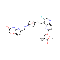 COC(=O)C1(COc2ccc3ncc(F)c(CCC45CCC(NCc6ccc7c(n6)NC(=O)CO7)(CC4)CO5)c3n2)CC1 ZINC000206097445