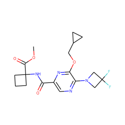 COC(=O)C1(NC(=O)c2cnc(N3CC(F)(F)C3)c(OCC3CC3)n2)CCC1 ZINC000207399489