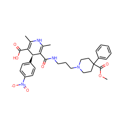 COC(=O)C1(c2ccccc2)CCN(CCCNC(=O)C2=C(C)NC(C)=C(C(=O)O)[C@@H]2c2ccc([N+](=O)[O-])cc2)CC1 ZINC000027564404