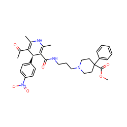 COC(=O)C1(c2ccccc2)CCN(CCCNC(=O)C2=C(C)NC(C)=C(C(C)=O)[C@@H]2c2ccc([N+](=O)[O-])cc2)CC1 ZINC000027562169