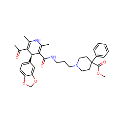 COC(=O)C1(c2ccccc2)CCN(CCCNC(=O)C2=C(C)NC(C)=C(C(C)=O)[C@@H]2c2ccc3c(c2)OCO3)CC1 ZINC000027563492