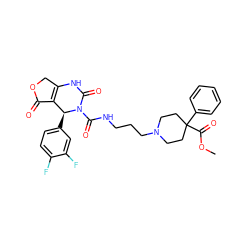 COC(=O)C1(c2ccccc2)CCN(CCCNC(=O)N2C(=O)NC3=C(C(=O)OC3)[C@@H]2c2ccc(F)c(F)c2)CC1 ZINC000003952731