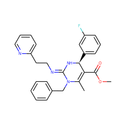 COC(=O)C1=C(C)N(Cc2ccccc2)/C(=N/CCc2ccccn2)N[C@H]1c1cccc(F)c1 ZINC000015937392