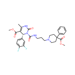 COC(=O)C1=C(C)NC(=O)N(C(=O)NCCCN2CCC(C(=O)OC)(c3ccccc3)CC2)[C@@H]1c1ccc(F)c(F)c1 ZINC000029464495