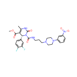 COC(=O)C1=C(C)NC(=O)N(C(=O)NCCCN2CCN(c3cccc([N+](=O)[O-])c3)CC2)[C@@H]1c1ccc(F)c(F)c1 ZINC000027526836