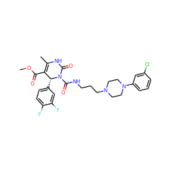 COC(=O)C1=C(C)NC(=O)N(C(=O)NCCCN2CCN(c3cccc(Cl)c3)CC2)[C@@H]1c1ccc(F)c(F)c1 ZINC000027547095