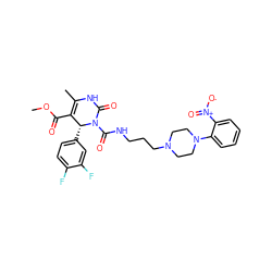 COC(=O)C1=C(C)NC(=O)N(C(=O)NCCCN2CCN(c3ccccc3[N+](=O)[O-])CC2)[C@@H]1c1ccc(F)c(F)c1 ZINC000027548271