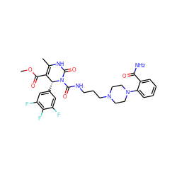 COC(=O)C1=C(C)NC(=O)N(C(=O)NCCCN2CCN(c3ccccc3C(N)=O)CC2)[C@@H]1c1cc(F)c(F)c(F)c1 ZINC000027524612