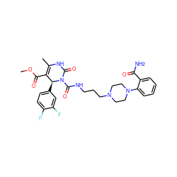 COC(=O)C1=C(C)NC(=O)N(C(=O)NCCCN2CCN(c3ccccc3C(N)=O)CC2)[C@H]1c1ccc(F)c(F)c1 ZINC000003950764