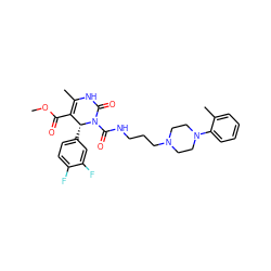 COC(=O)C1=C(C)NC(=O)N(C(=O)NCCCN2CCN(c3ccccc3C)CC2)[C@@H]1c1ccc(F)c(F)c1 ZINC000027526972