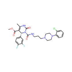 COC(=O)C1=C(C)NC(=O)N(C(=O)NCCCN2CCN(c3ccccc3Cl)CC2)[C@@H]1c1ccc(F)c(F)c1 ZINC000027526811