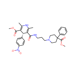 COC(=O)C1=C(C)NC(C)=C(C(=O)NCCCN2CCC(C(=O)OC)(c3ccccc3)CC2)[C@@H]1c1ccc([N+](=O)[O-])cc1 ZINC000103286119