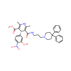 COC(=O)C1=C(C)NC(C)=C(C(=O)NCCCN2CCC(c3ccccc3)(c3ccccc3)CC2)[C@@H]1c1ccc([N+](=O)[O-])c(OC)c1 ZINC000103286204