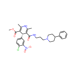 COC(=O)C1=C(C)NC(C)=C(C(=O)NCCCN2CCC(c3ccccc3)CC2)[C@@H]1c1ccc(Cl)c([N+](=O)[O-])c1 ZINC000103286214