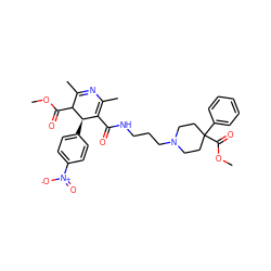 COC(=O)C1C(C)=NC(C)=C(C(=O)NCCCN2CCC(C(=O)OC)(c3ccccc3)CC2)[C@H]1c1ccc([N+](=O)[O-])cc1 ZINC000029345064