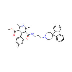 COC(=O)C1C(C)=NC(C)=C(C(=O)NCCCN2CCC(c3ccccc3)(c3ccccc3)CC2)[C@H]1c1ccc(C)cc1 ZINC000100032673