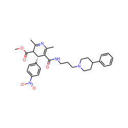 COC(=O)C1C(C)=NC(C)=C(C(=O)NCCCN2CCC(c3ccccc3)CC2)[C@@H]1c1ccc([N+](=O)[O-])cc1 ZINC000026640256