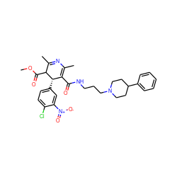 COC(=O)C1C(C)=NC(C)=C(C(=O)NCCCN2CCC(c3ccccc3)CC2)[C@@H]1c1ccc(Cl)c([N+](=O)[O-])c1 ZINC000026637696